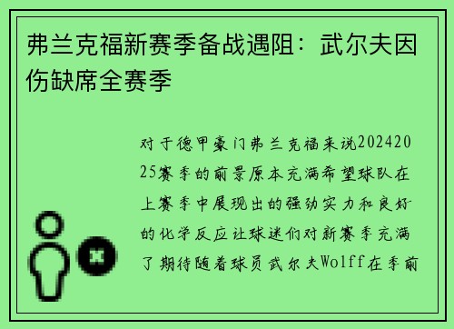 弗兰克福新赛季备战遇阻：武尔夫因伤缺席全赛季